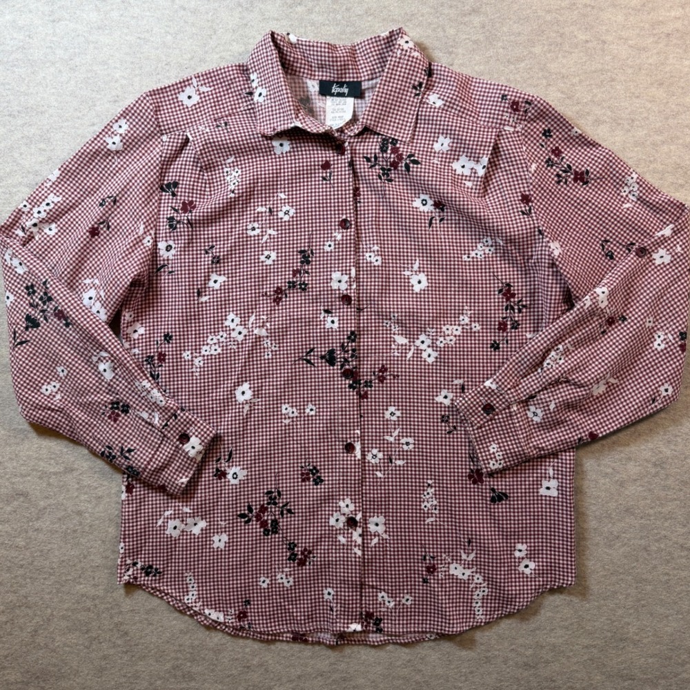 VTG 80s Tapestry Gingham Floral Button Up Shirt Burgundy Size M Made in USA